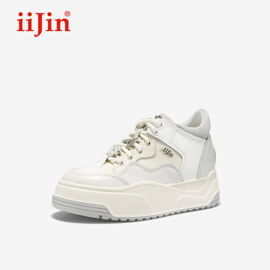 iiJin艾今官方25春新品9cm厚底内增高珠花休闲板鞋小白鞋女246GTB