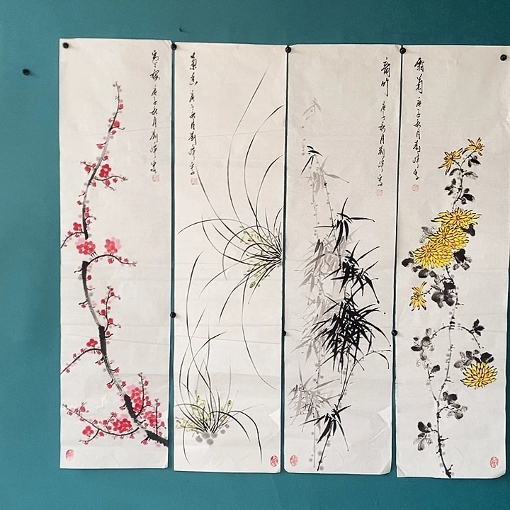 国画四尺对开手绘四条屏