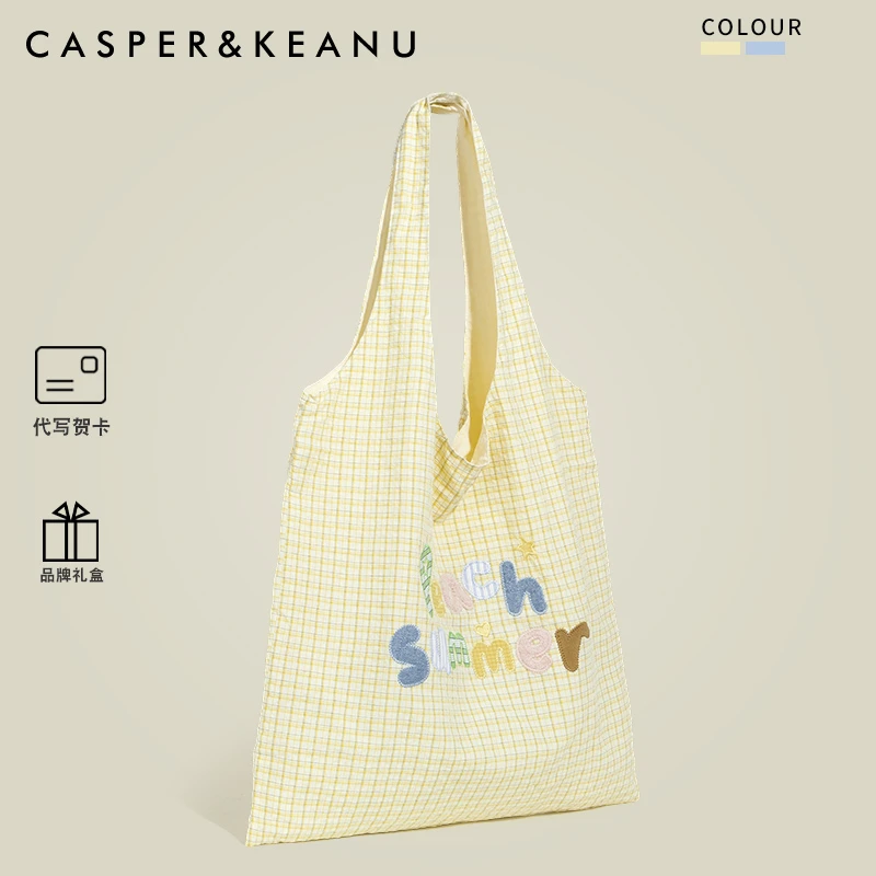 CASPER&KEANU文艺简约格子托特包女新款韩系设计感字母刺绣单肩包