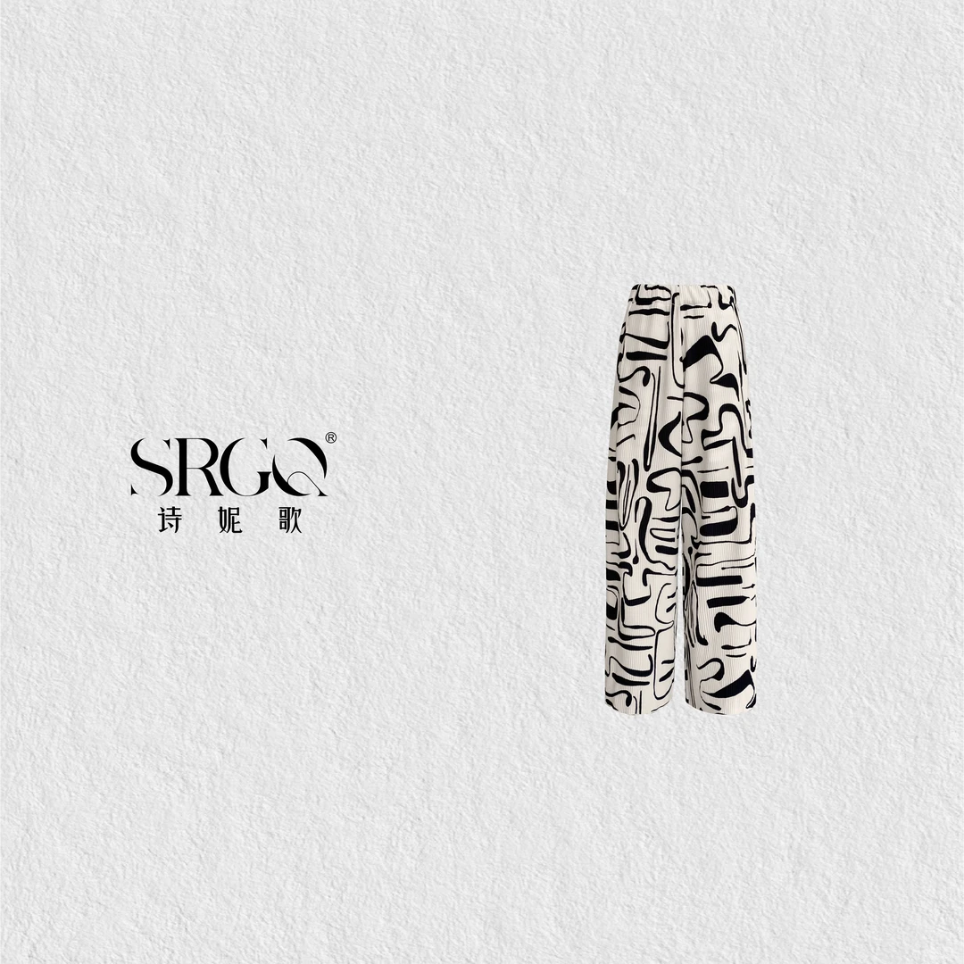 诗妮歌2024夏季冰感锦纶【百褶裤】女式抽象黑白配通勤百搭休闲裤