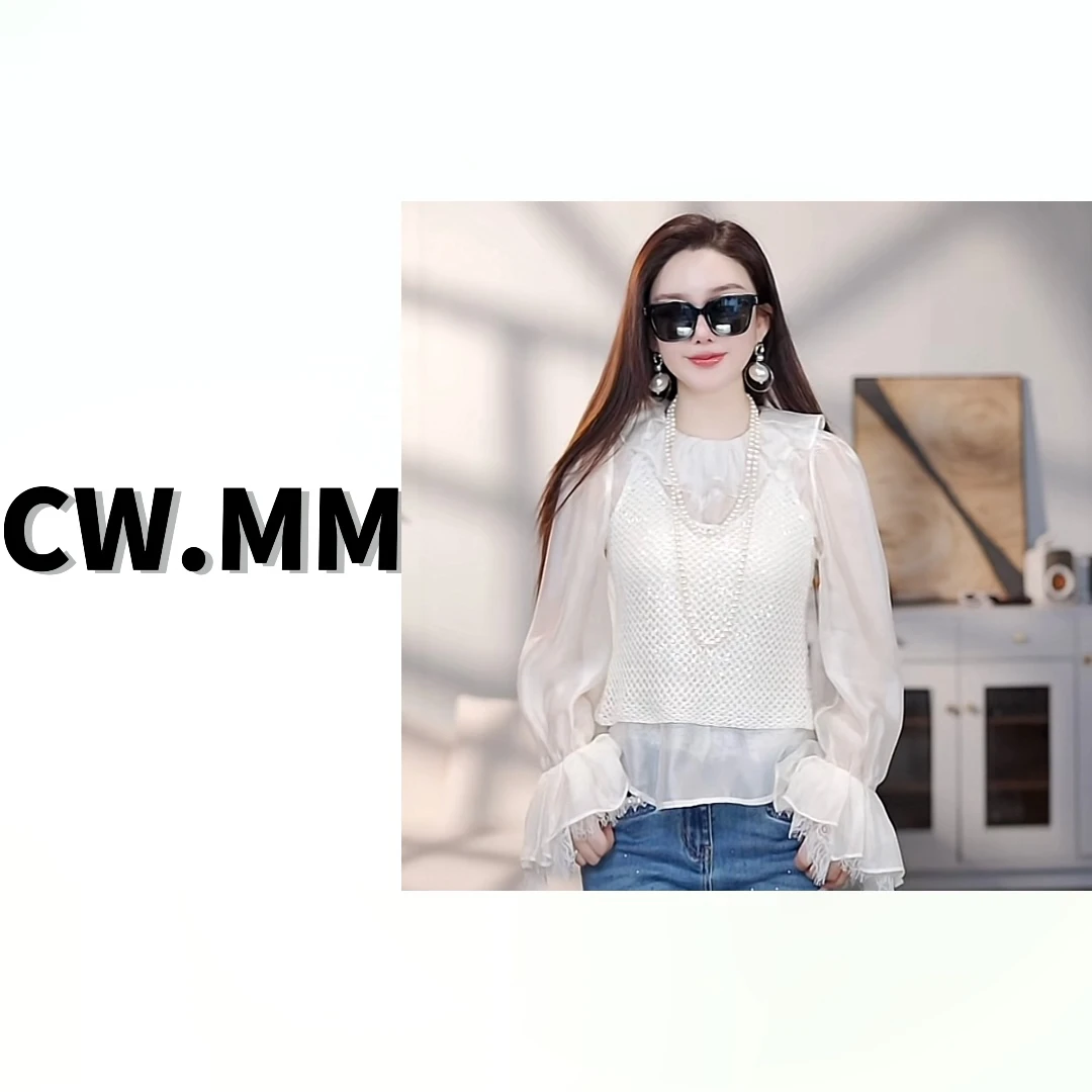 CW.MM 气质荷叶领喇叭袖镂空背心上衣