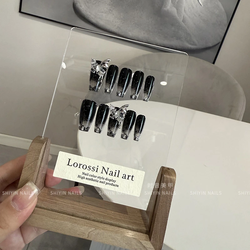 CPY-22渐变黑蕾丝穿戴甲成品美甲半手工镶钻甲片可拆卸指甲贴