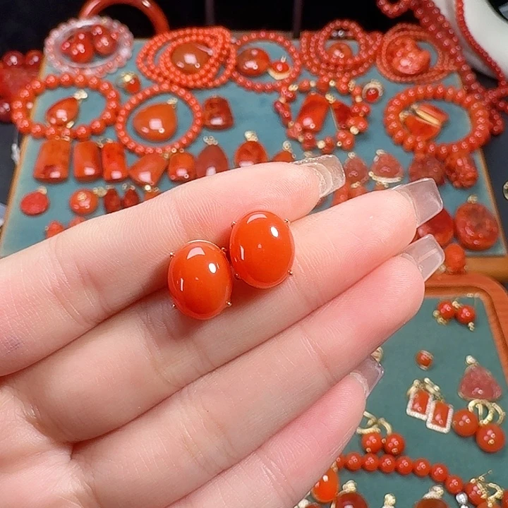 南红玛瑙银S925镶嵌顶货耳饰