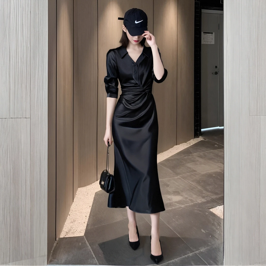 A春季v领衬衫连衣裙气质法式修身名媛女褶皱收腰显瘦鱼尾裙D0553