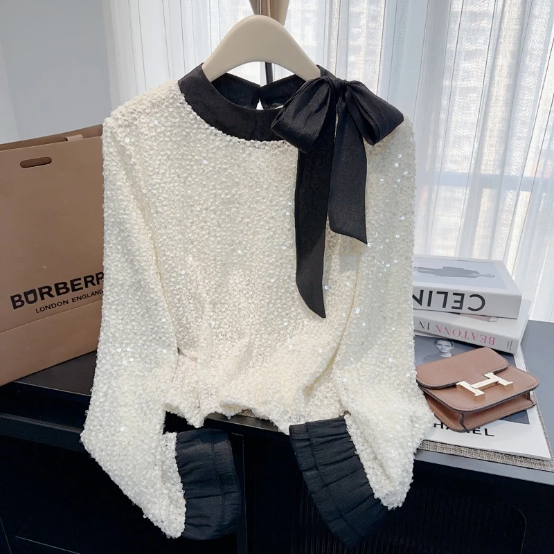 名媛重工亮片蝴蝶结衬衫女2025春秋新款别致喇叭袖长袖打底上衣潮