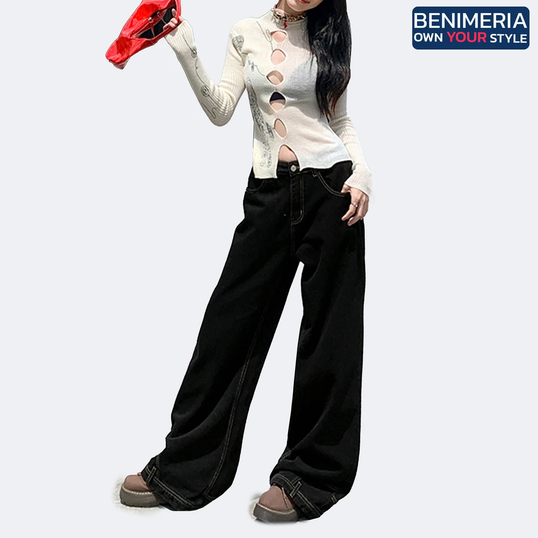 Benimeria/贝妮雅-弯刀裤女阔腿高腰夏秋季牛仔裤宽松直筒显瘦