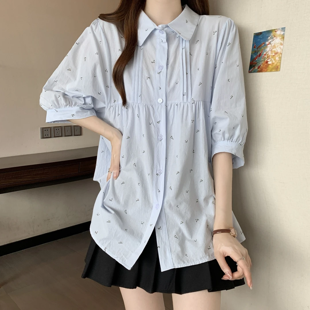 小清新polo领夏季衬衫短袖宽松遮肉胖mm大码显瘦减龄2025新款上衣