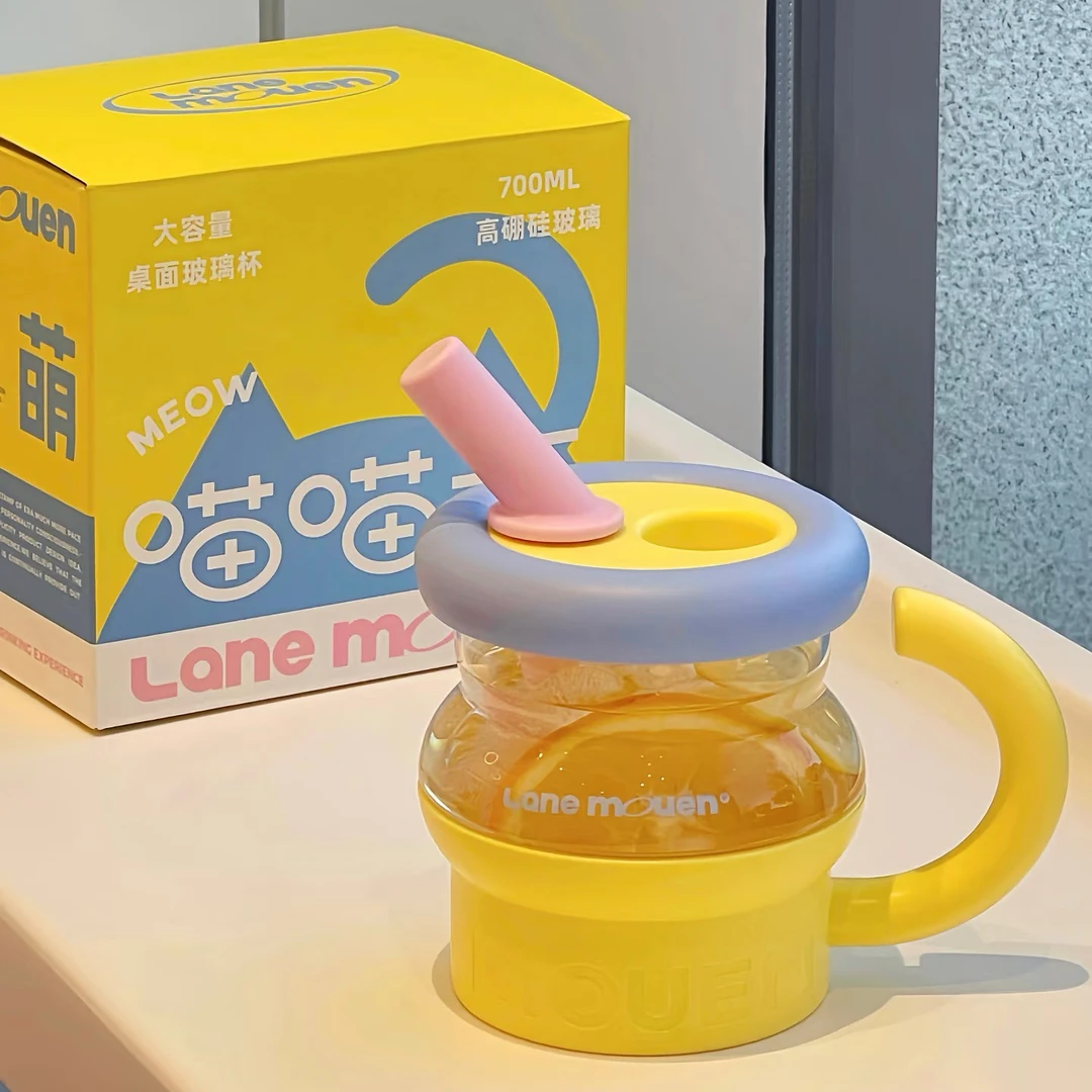 览萌Lane Mouen玻璃吸管杯女生高颜值水杯大容量杯子耐高温喵喵杯