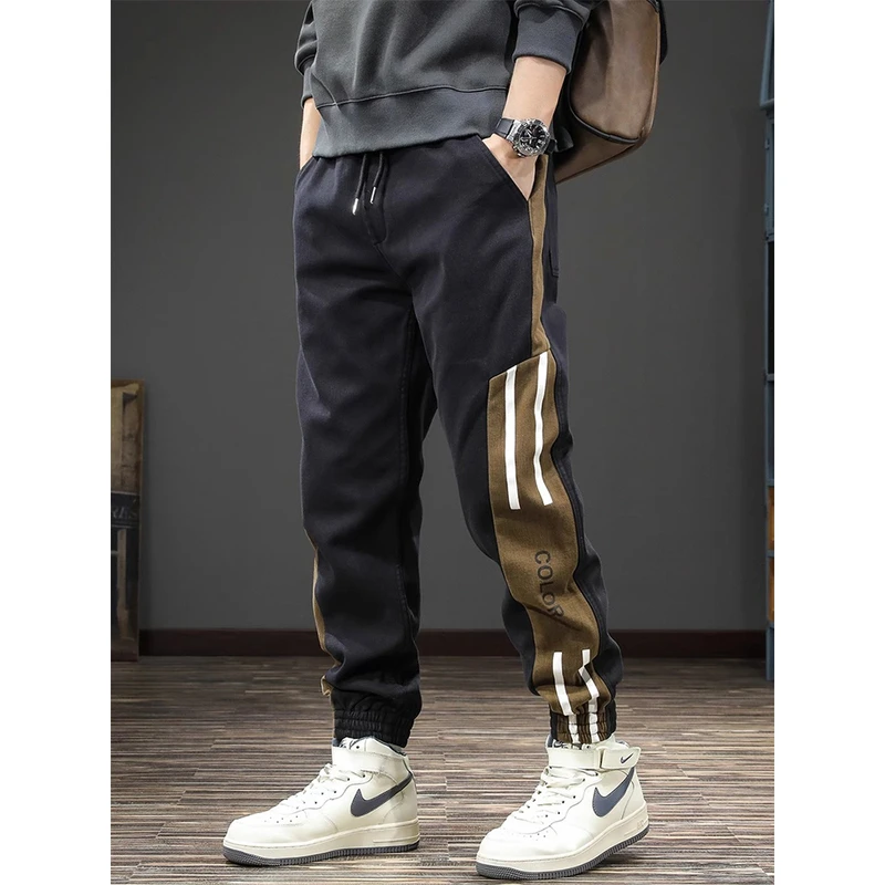 Leekody香港潮牌春秋款工装束脚休闲裤男款条纹百搭哈伦运动长裤