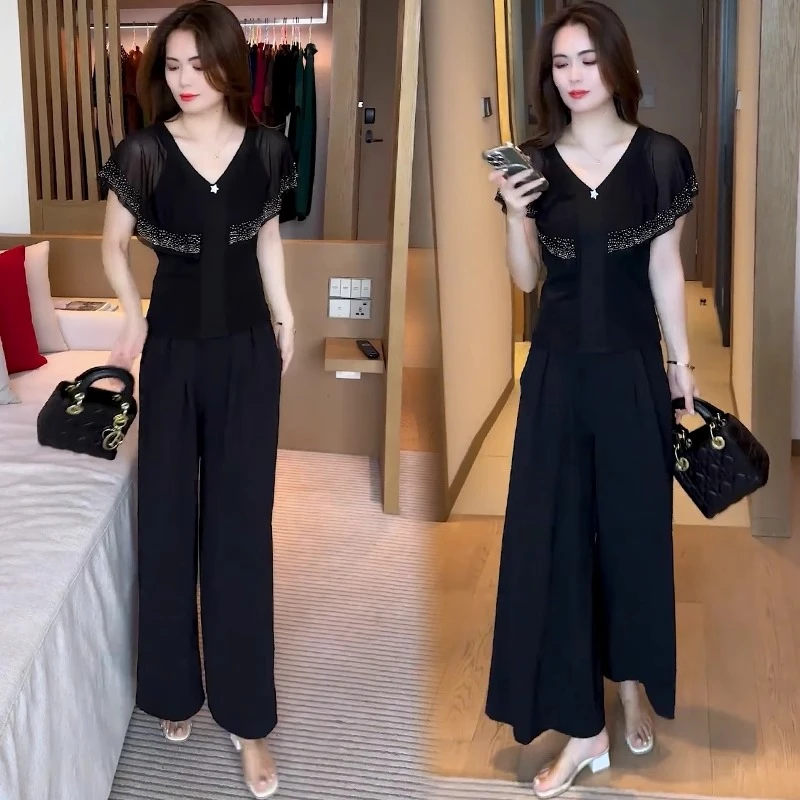 时尚套装女2025夏季新款洋气显瘦荷叶边网纱V领上衣阔腿裤两件套