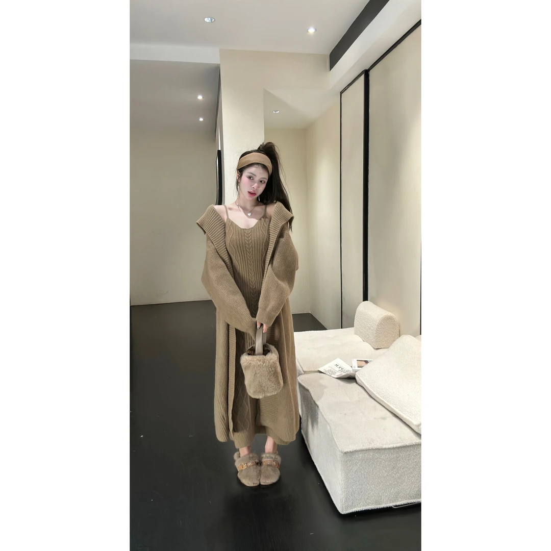 【HuiHui】韩系氛围感穿搭针织吊带套装裙两件套毛衣裙（A1242）