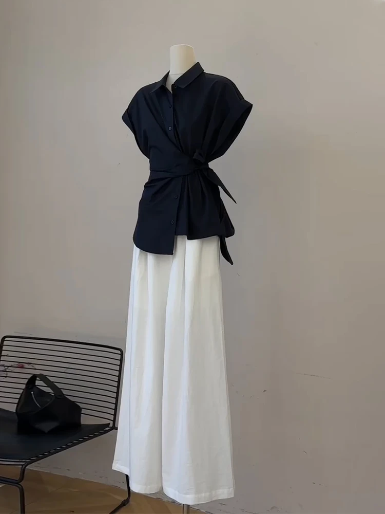 法式显瘦系带短袖衬衫夏季韩版百搭轻熟时尚设计感洋气上衣不规则