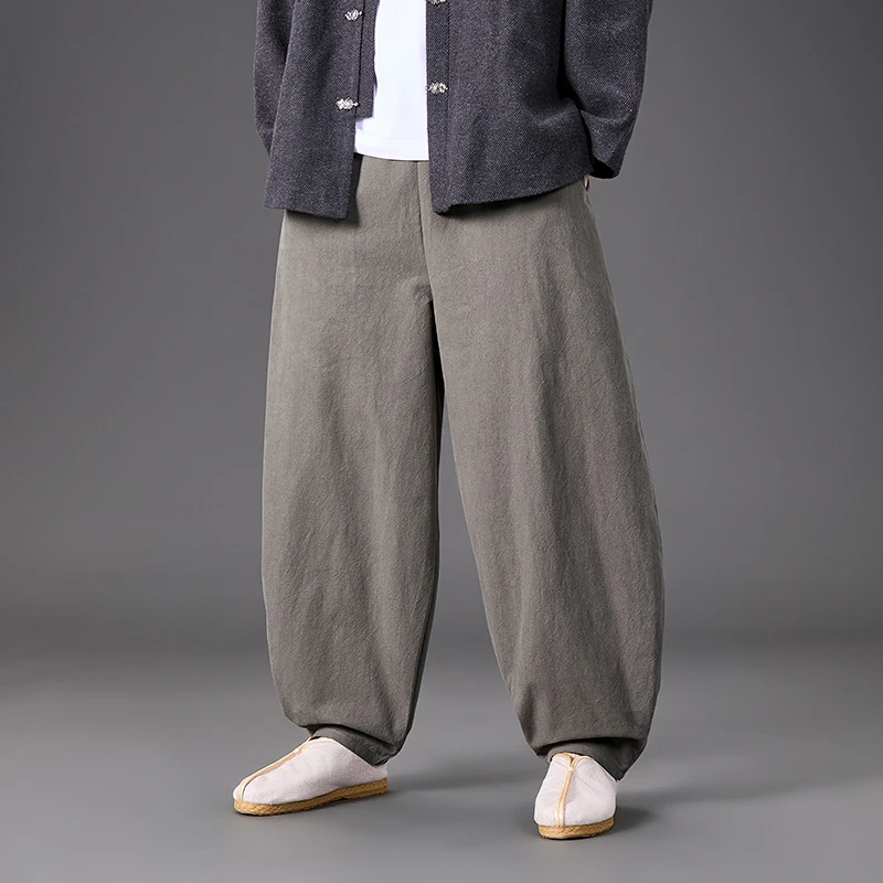 秋季新中式休闲裤男中国风汉服长裤棉麻宽松阔腿裤太极大码灯笼裤