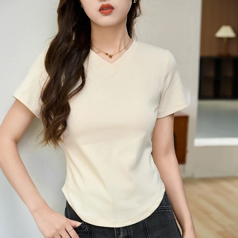 YB1002#V领短袖修身型简约T恤夏季时尚白色半袖打底衫修身