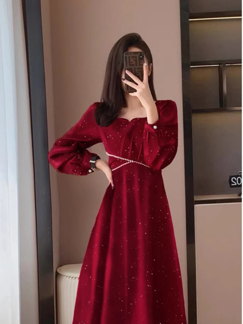 法式复古温柔风连衣裙春秋新款大码高级感显瘦气质订婚礼服长裙子