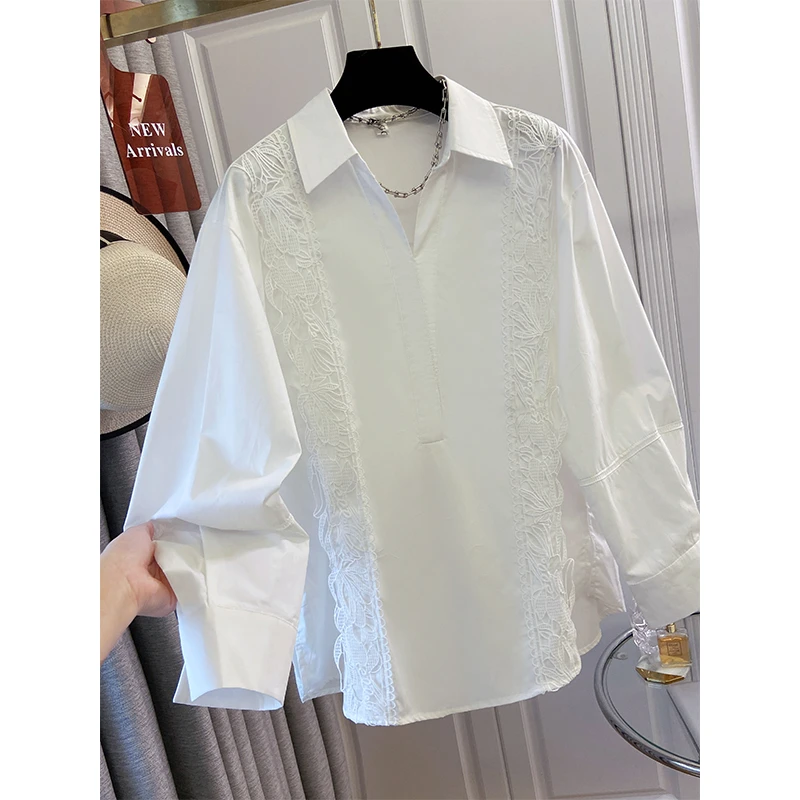 爆款感气质时尚半开领长袖上衣女装早春新款蕾丝拼接衬衣百搭宽松