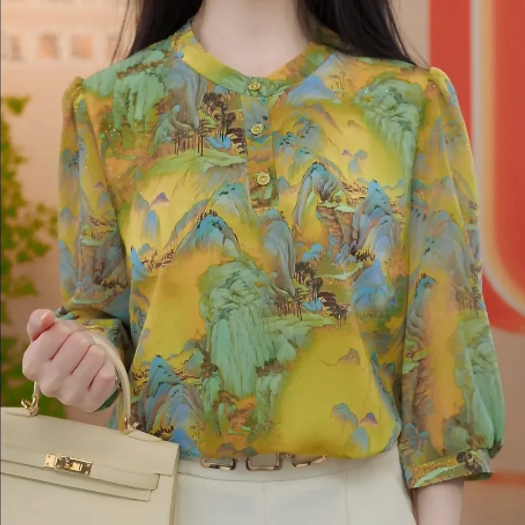 2025年花色休闲不褪色套头三粒扣七分袖通勤衬衫春夏印花时尚794