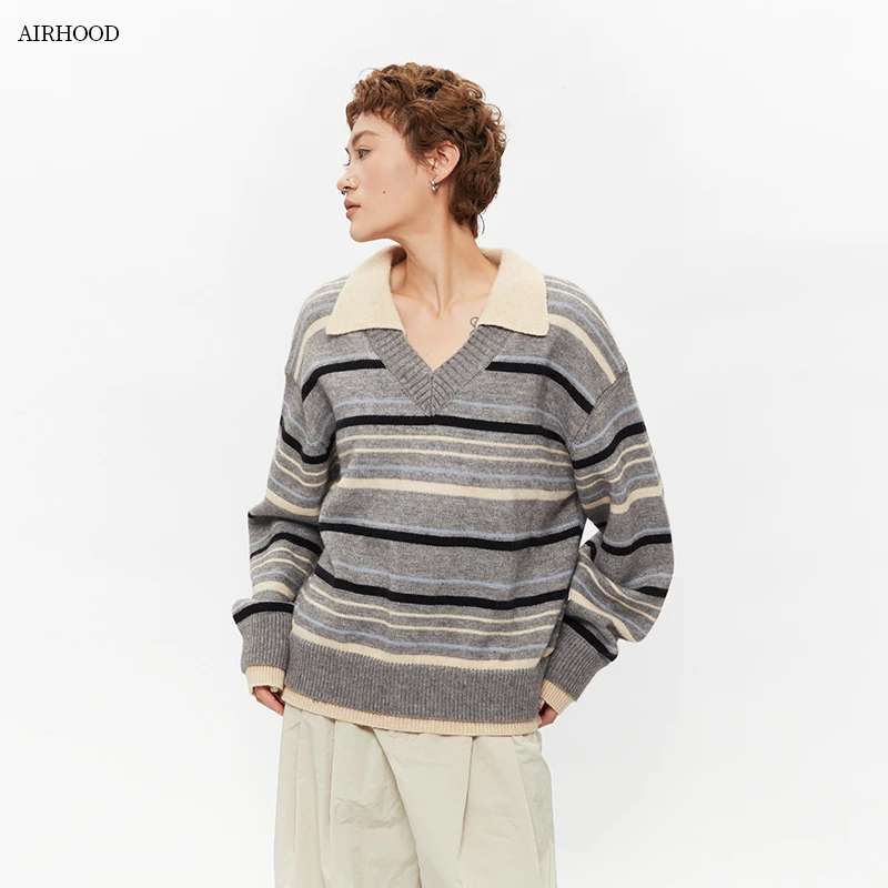 AIRHOOD 国潮春秋季新款条纹翻领毛衣女宽松百搭针织衫上衣N5491
