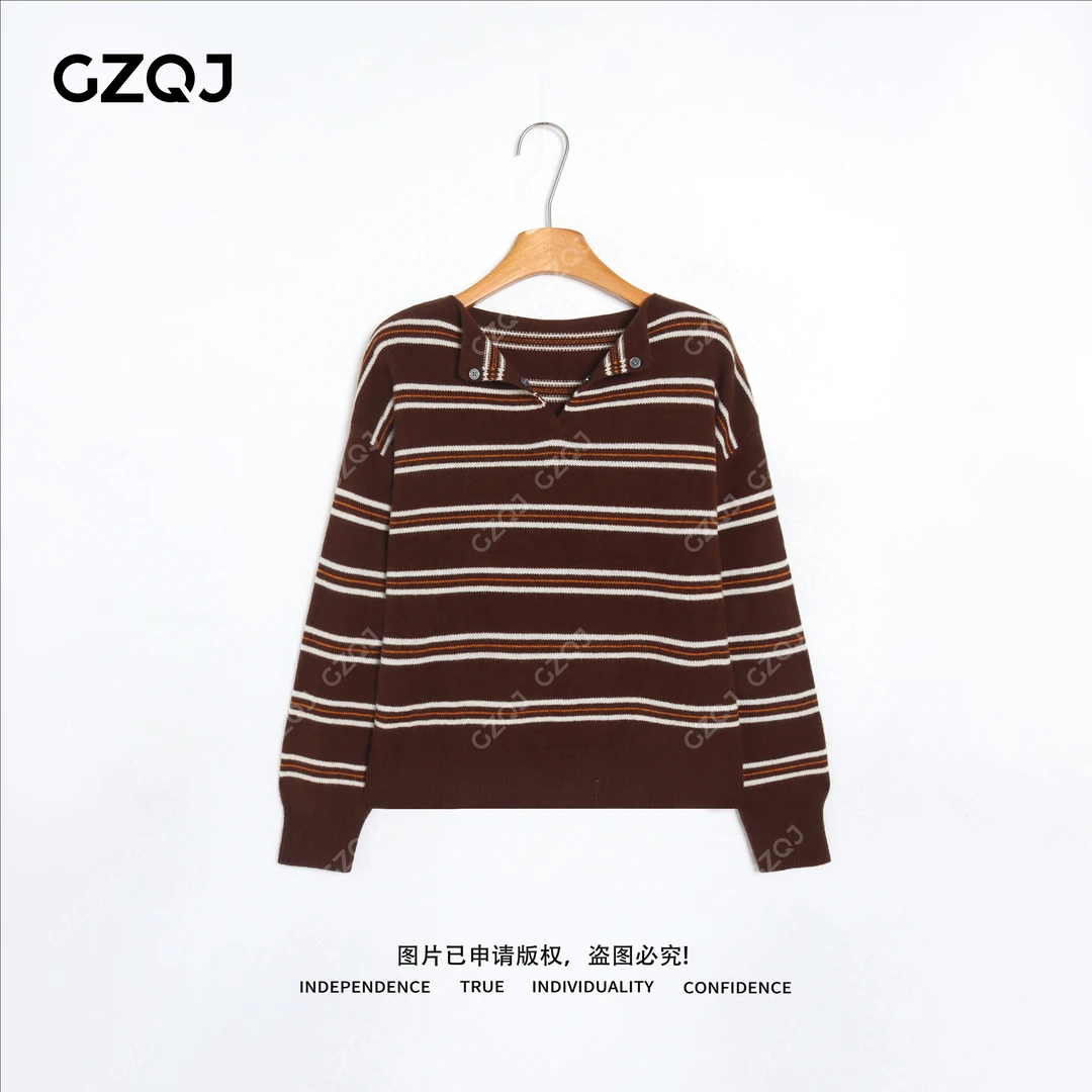 老琴私服【漫步棕秋】琥珀流光风100羊毛条纹针织毛衣女冬上衣7933