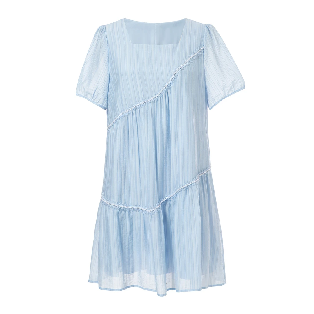 MsShe大码女装新款温柔方领钉珠提花短袖连衣裙F2404001