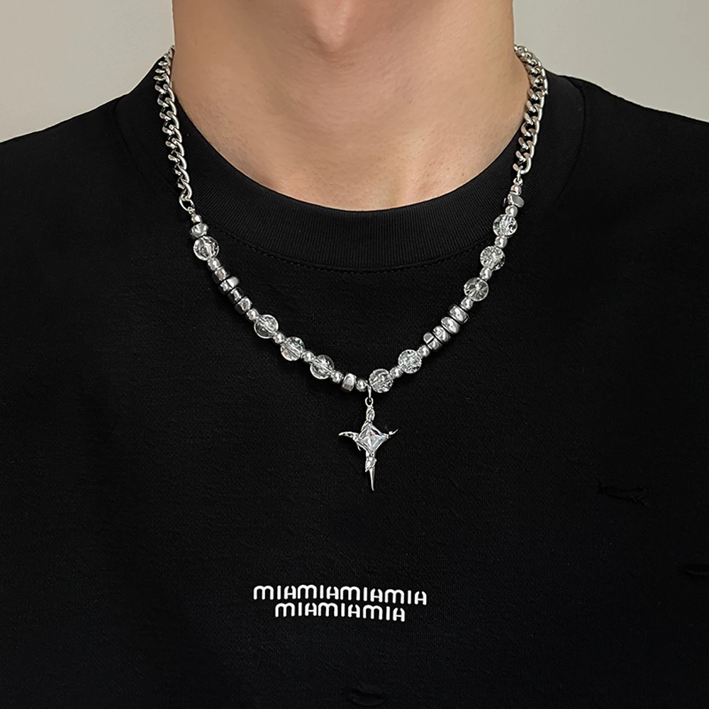 钛钢项链 不规则金属石头钛钢项链男女生高级感冰裂珠珍