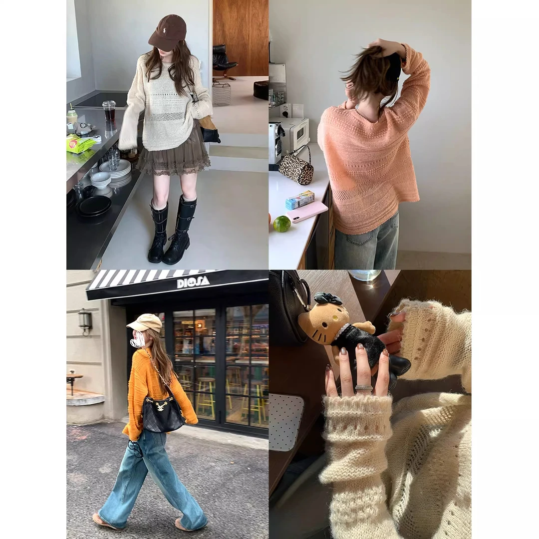 【闲暇周末】镂空提花圆领宽松慵懒针织罩衫上衣女