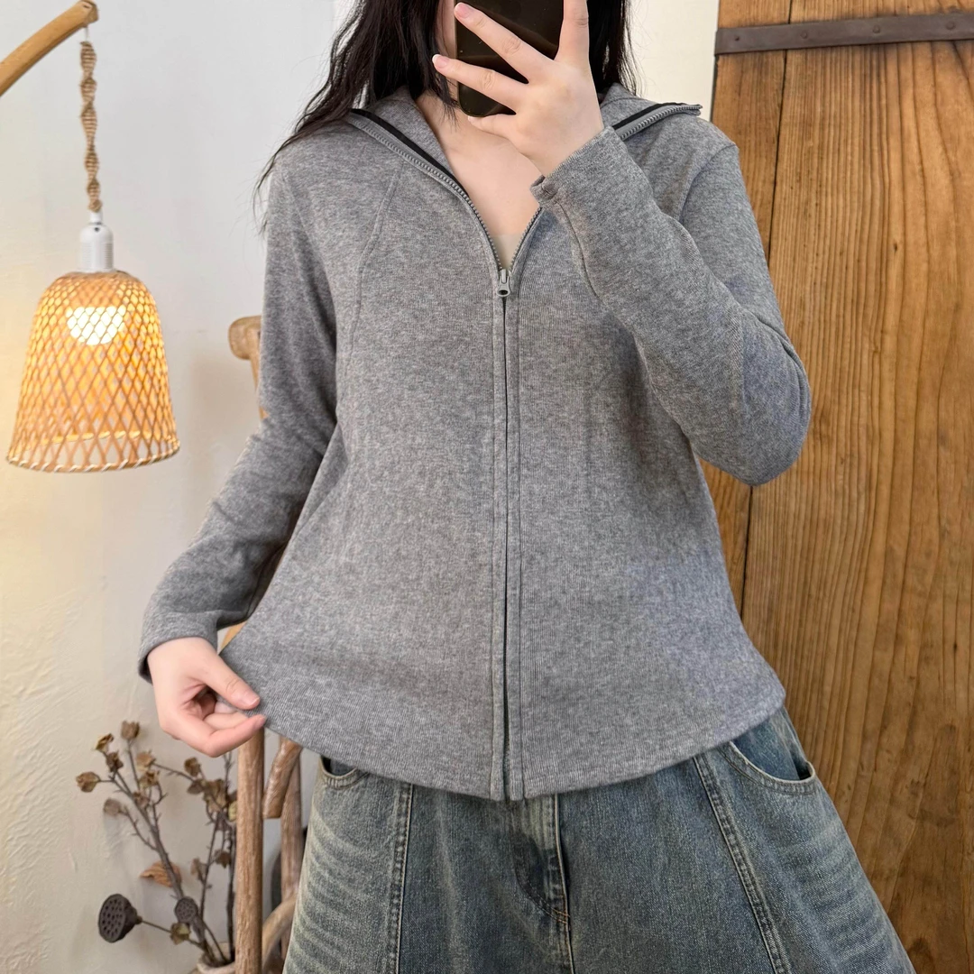 【半奏】春季新款百搭简约风仿羊绒拉链高弹掐腰拉链上衣 胸108长57