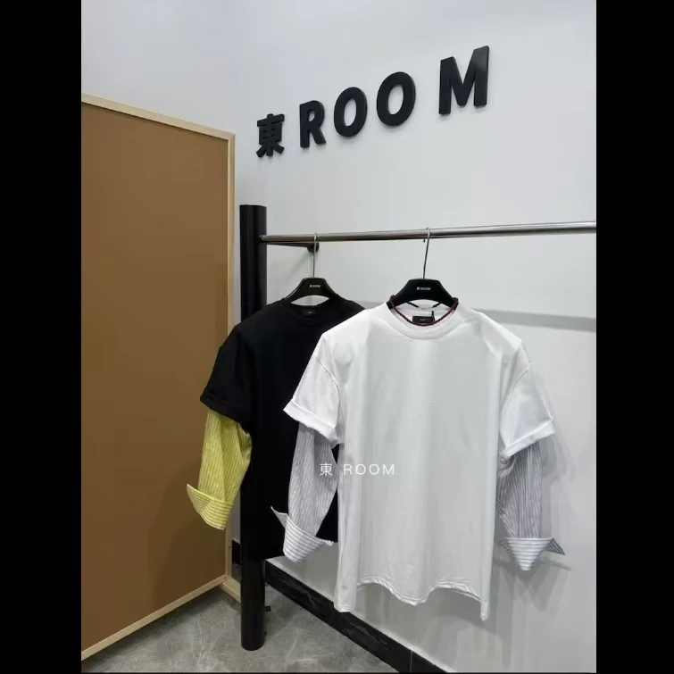 春季新款【东room家假两件】半袖宽松遮屁屁垫肩T恤半袖