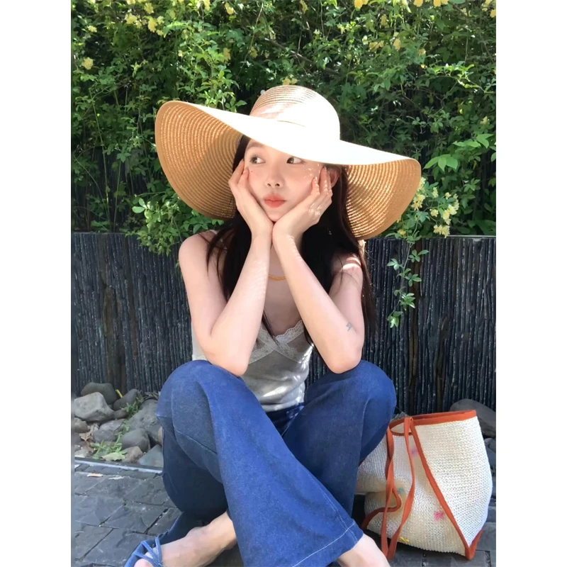 韩系甜辣拼接蕾丝边吊带小背心内搭上衣牛仔裤直筒休闲长裤子春夏