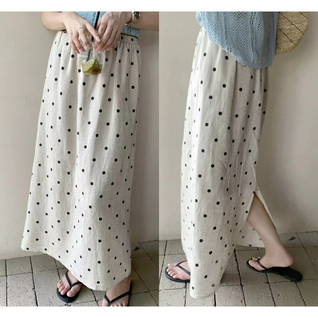 2025夏季新款韩版松紧腰波点印花后开叉半身裙女中长款麻料a字裙