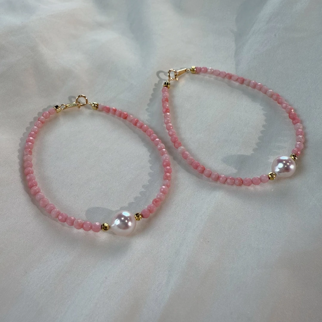 SP10023丨蔷薇石 Akoya 海水珍珠手链 7-8mm 多样性发1