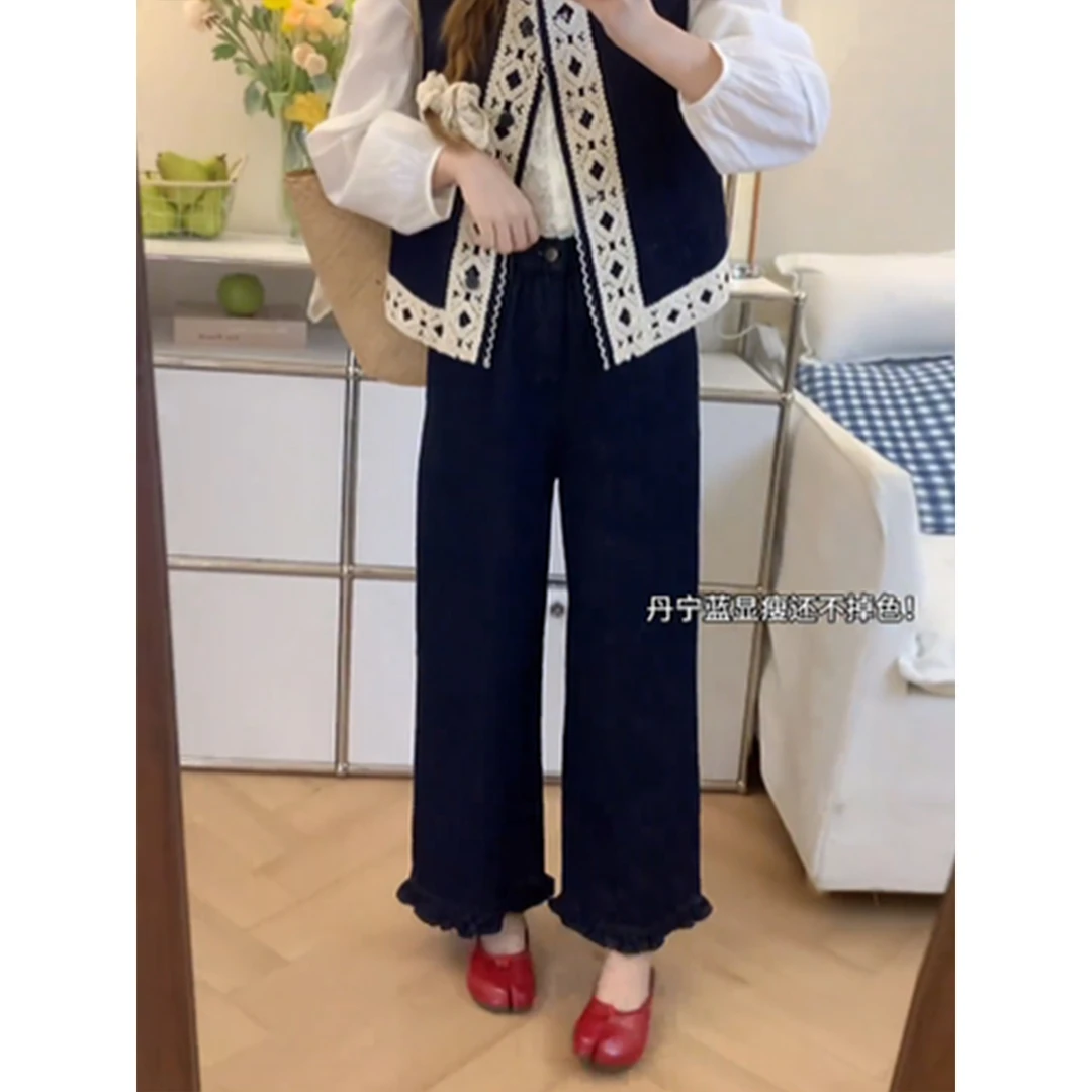 加绒丹宁蓝直筒牛仔裤女大码秋季新款宽松显瘦梨形身材阔腿裤