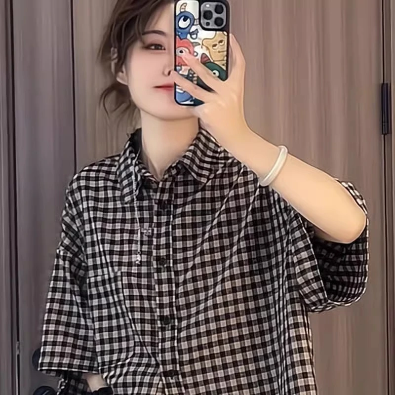 夏季宽松格子短袖衬衫女2025新款高级感漂亮穿搭上衣温柔知性衣服