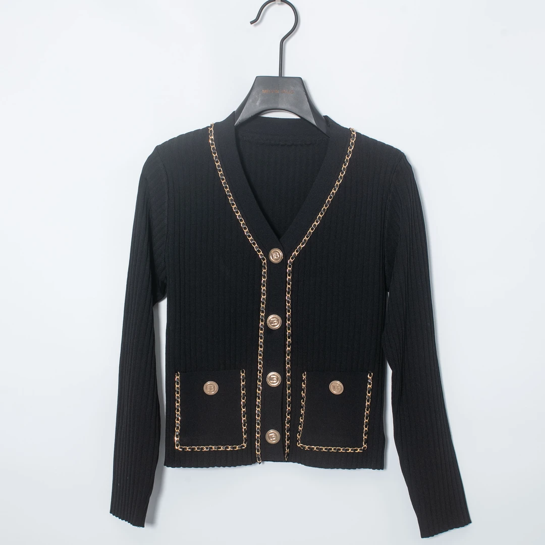 TOP【巴曼针织】小香风时尚百搭轻奢气质黑白长袖针织开衫KG889