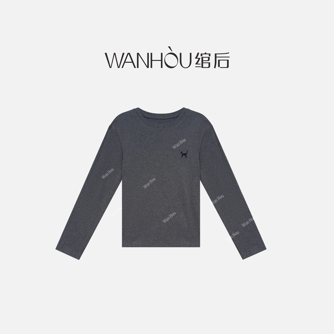 【C3643】#绾后-秋季简约刺绣围巾小狗长袖T恤女新款打底衫上衣SS