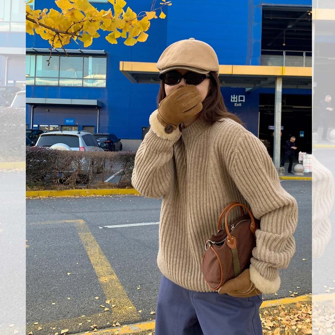 莉贝琳sisy坑条衣全羊毛圆领宽松百搭加厚慵懒针织上衣S25412SW17