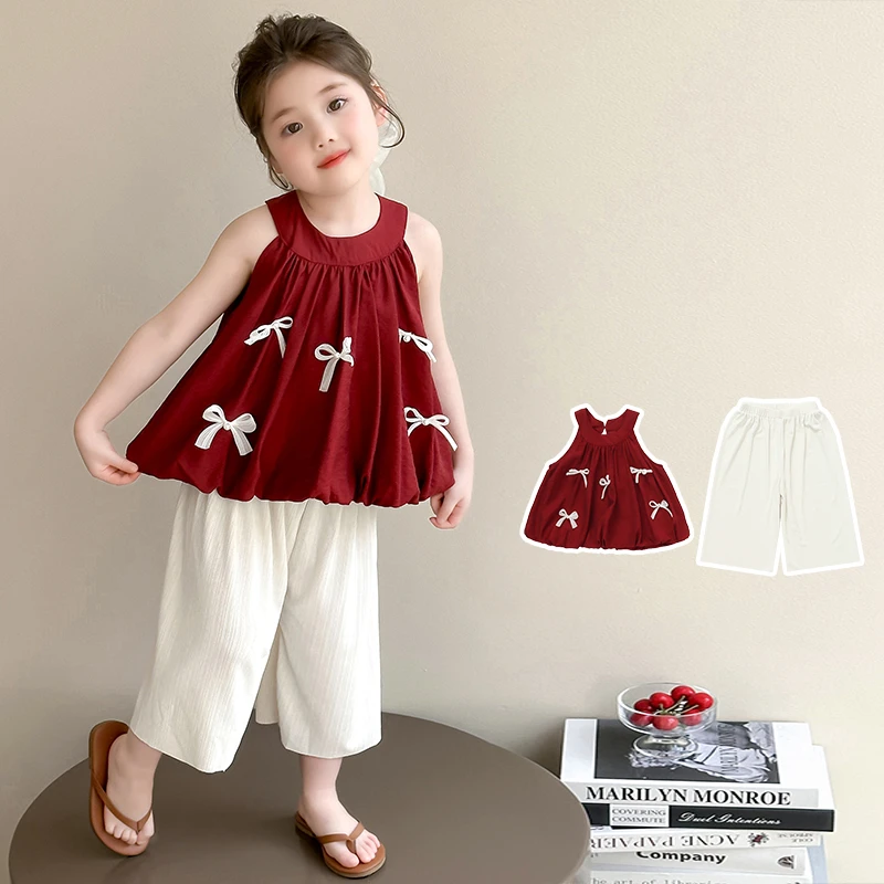 韩国童装女童套装夏装2025新款儿童洋气时髦蝴蝶结上衣清凉阔腿裤