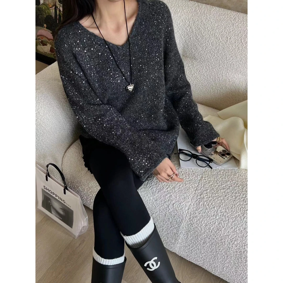 SP【星光熠熠】宽松百搭高级感纯色V领马海毛亮片长袖毛衣上衣