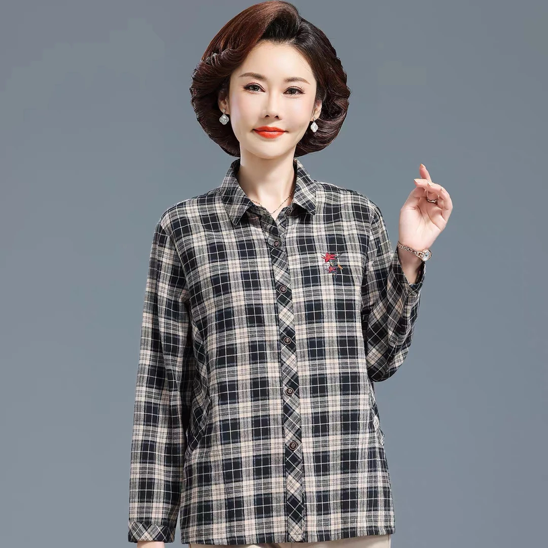 中老年人女装春秋季纯棉格子长袖衬衫休闲妈妈装上衣开衫奶奶装