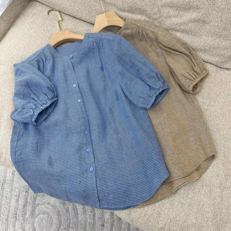 【钱老板专享】泡泡袖极光纱色织亚麻上衣YS2401236
