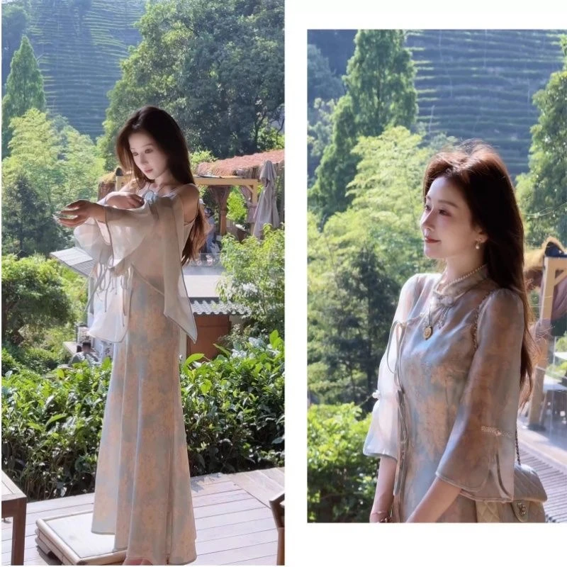 新中式江南水乡温柔风旗袍高级设计感女2025年夏季新款牡丹花套装