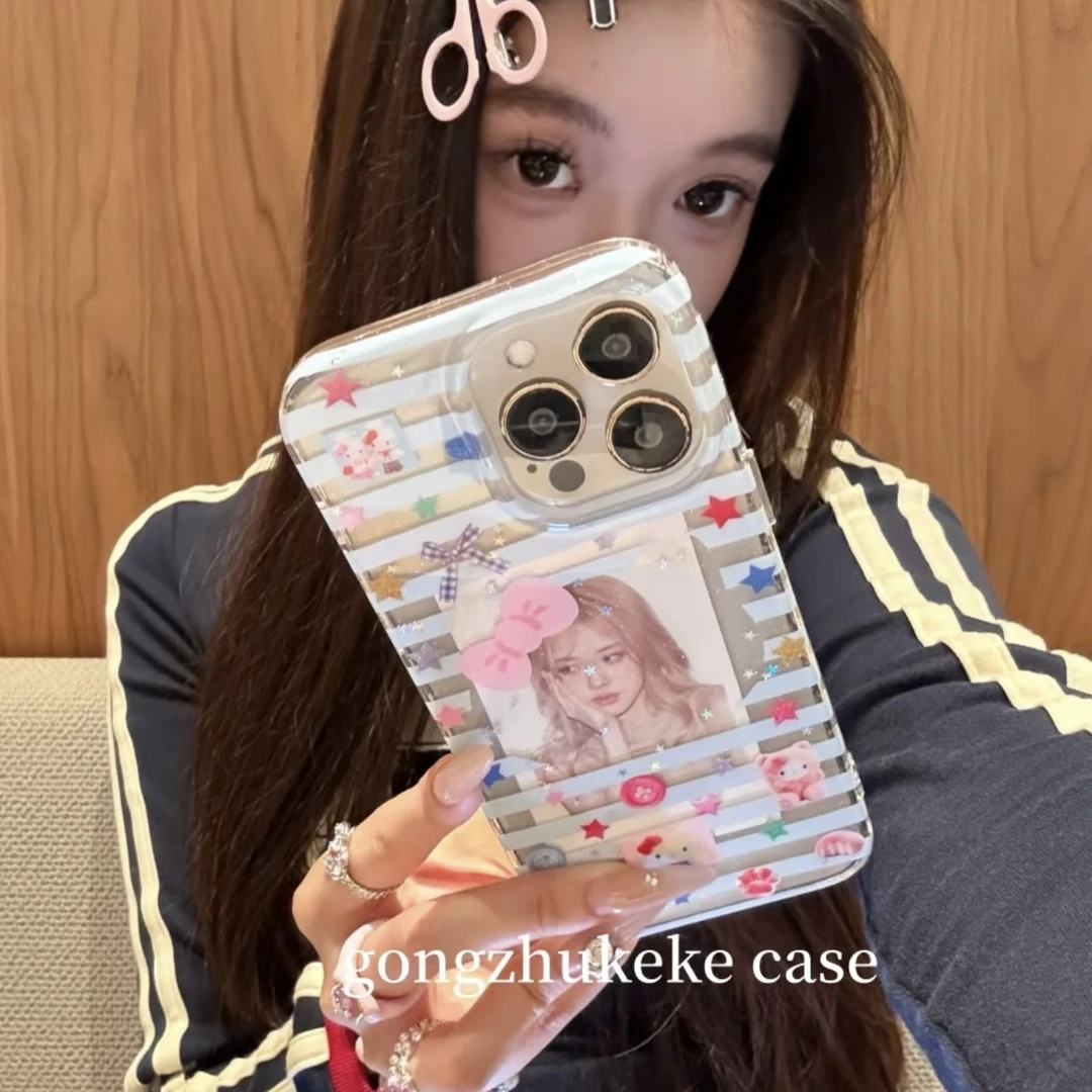 可爱卡通镂空条纹kitty适用于iPhone16Promax手机壳苹果15/1413