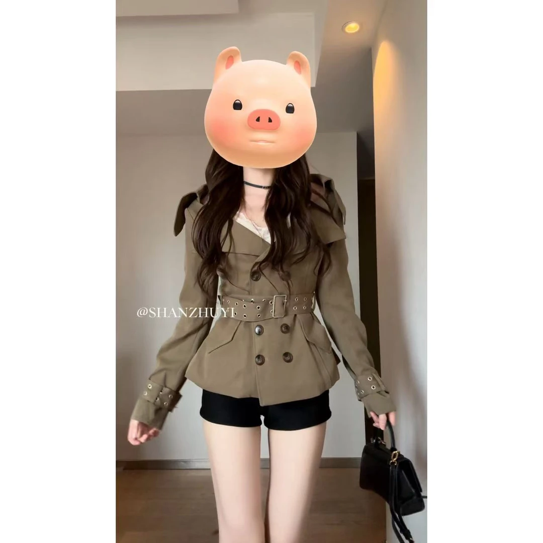 [山住一自制]  经济上行 复古大翻领收腰双排扣 短款风衣