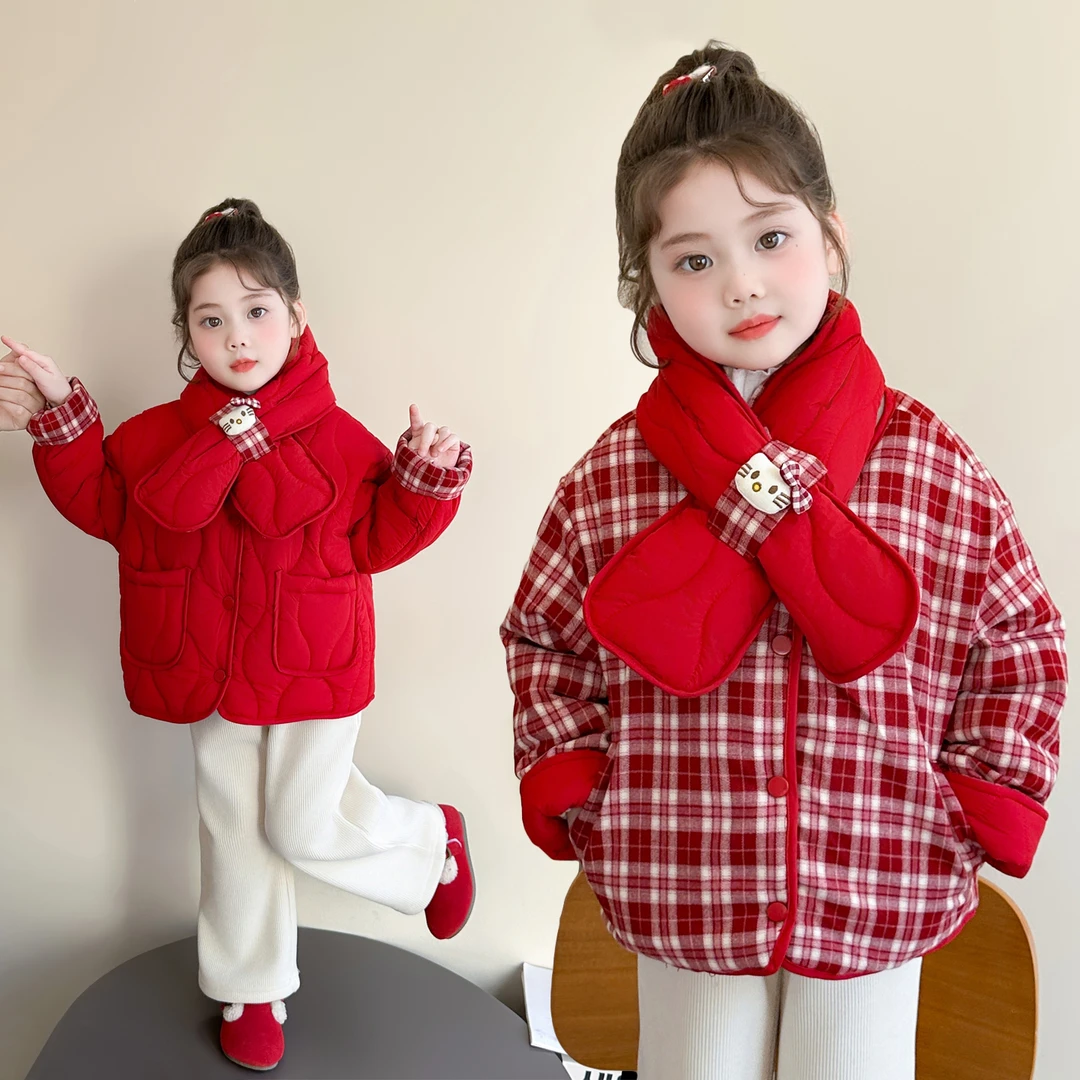 中小童冬装洋气红格子两面穿棉衣2025新款儿童休闲女宝宝棉服外套
