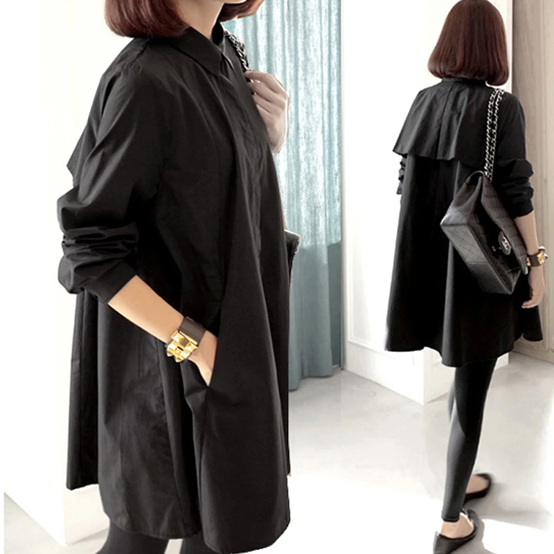 新款长袖韩版衬衫大码显瘦气质时尚休闲黑色宽松秋春