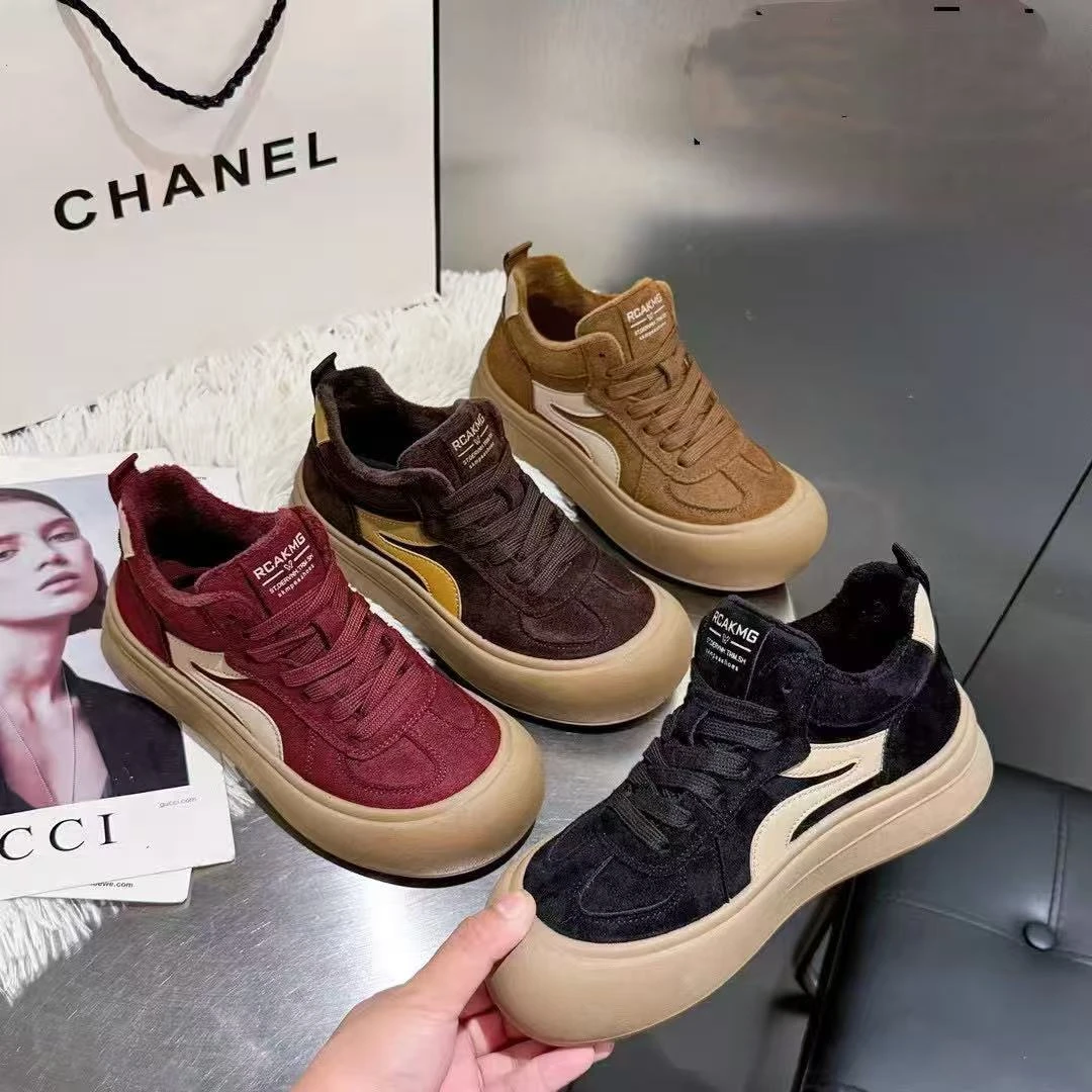 6688-1圆头厚款胶粘平跟休闲风高帮鞋秋冬冬季百搭拼色厚底