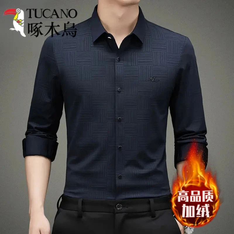 啄木鸟秋冬新款男士长袖衬衫中青年商务宽松休闲免烫时尚印花衬衣