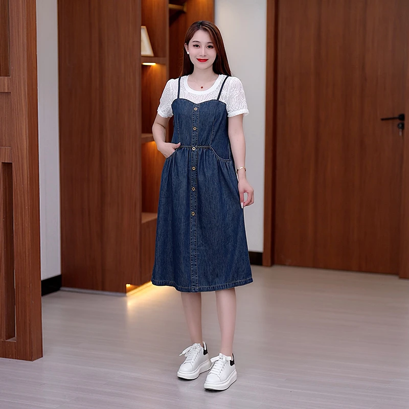 2025夏季新款牛仔连衣裙假两件连衣裙拼色蕾丝牛仔裙中长款裙子
