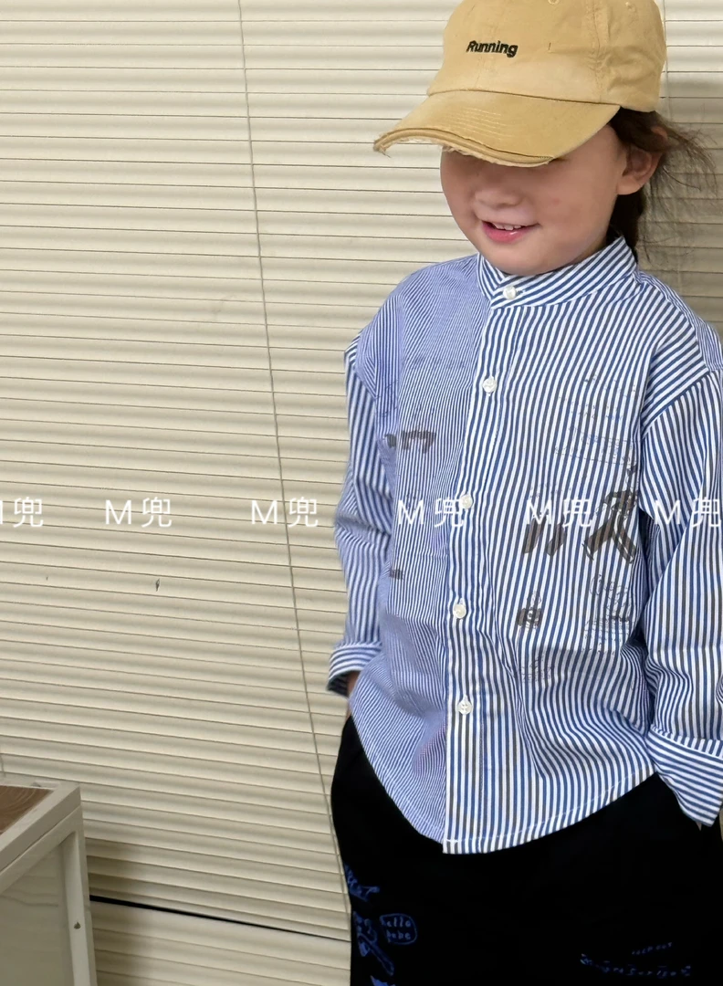 MD2025新款儿童日系条纹衬衫洋气卡通圆领男女同款长袖纯棉上衣