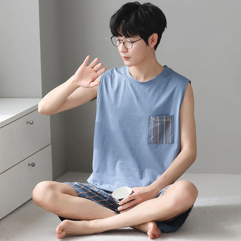 新店福利莫代尔睡衣男士夏季夏天无袖薄款背心短裤宽松凉爽大码